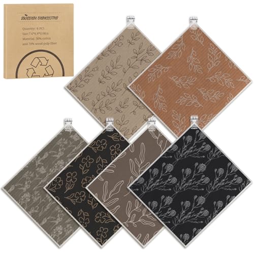 Needbrock 6-Pack Swedish Dishcloths - Black-Brown Pattern with Storage Clips