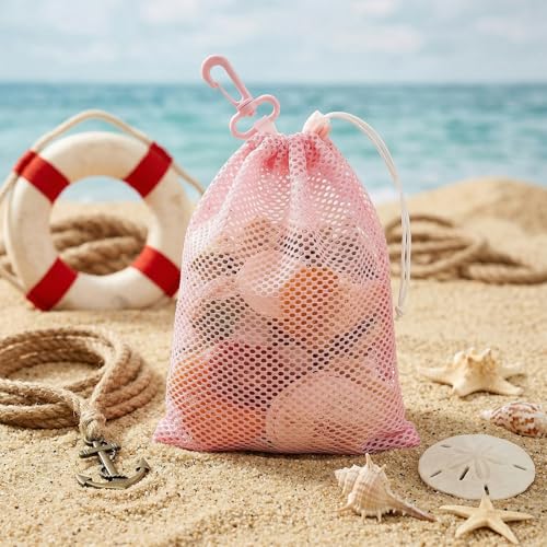 Amabro Pink Mesh Beach Bag - 2 Pcs Foldable Shell Collecting Bags