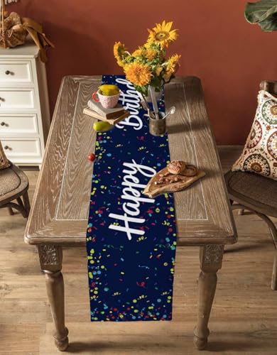 Navy Blue Happy Birthday Table Runner 13 x 36 Inches Polka Dot Celebration Decor