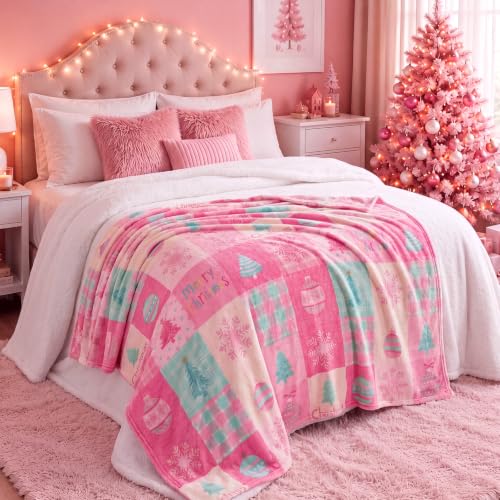 Pink Christmas Throw Blanket - Soft Flannel Holiday Decor for Couch & Bed