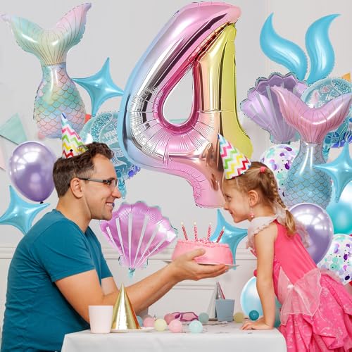Mermaid Birthday Decorations 40 Inch Giant 4 Years Old Foil Balloons