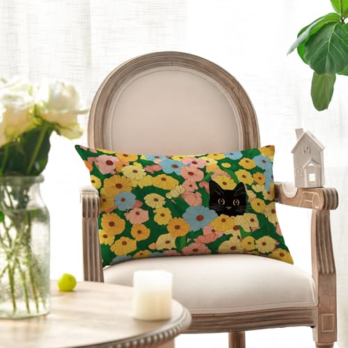 Spring Floral Black Cat Throw Pillow Cover - 12x20 Inch Polyester Cushion