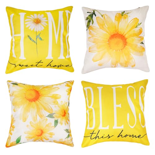 Sunflower Throw Pillow Covers 18x18, Spring Summer Cushion Cases (4 Pack)