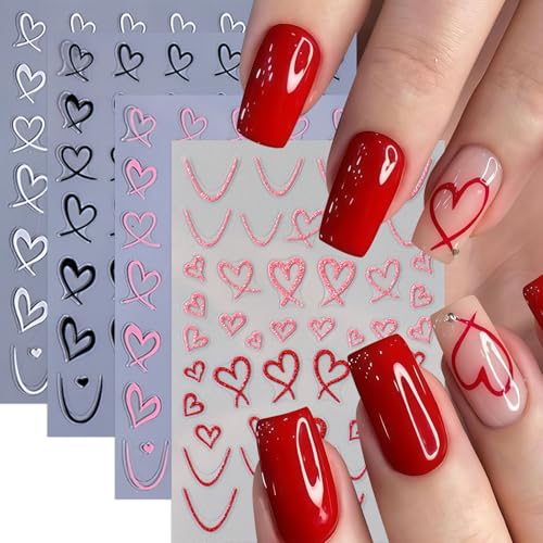 CnSybaris 3D Self-Adhesive Heart Nail Stickers Wavy Line Nail Decals
