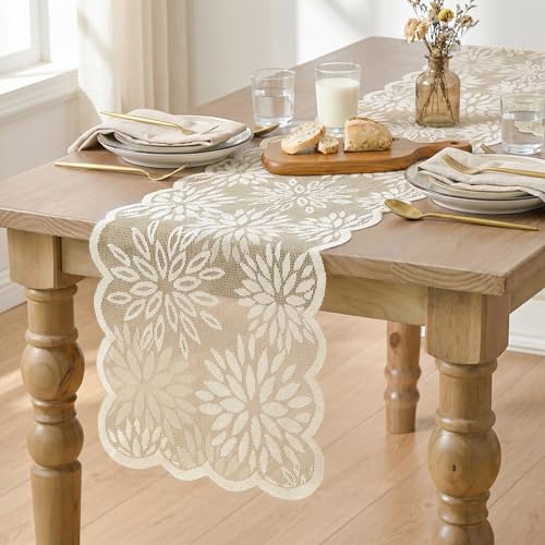 Artoid Mode Lace Jacquard Dahlia Spring Table Runner 13x72 Inch Beige