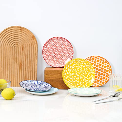 Assorted Colors Ceramic Dessert Plates Set of 6 - 6 Inch Small Snack Plates