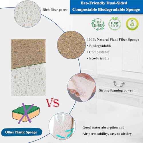 YeahWhee Natural Kitchen Sponges - 12 Pack Biodegradable Scrub Sponges
