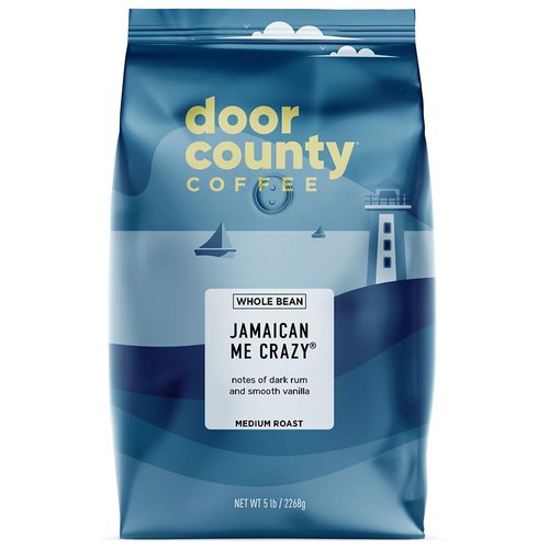 Door County Coffee Jamaican Me Crazy® Flavored Coffee - Medium Roast Whole Bean - 5lb Gourmet Bag - Rum & Vanilla Infusion