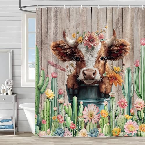 Farmhouse Highland Cow Shower Curtain - Rustic Bathroom Decor 70x70