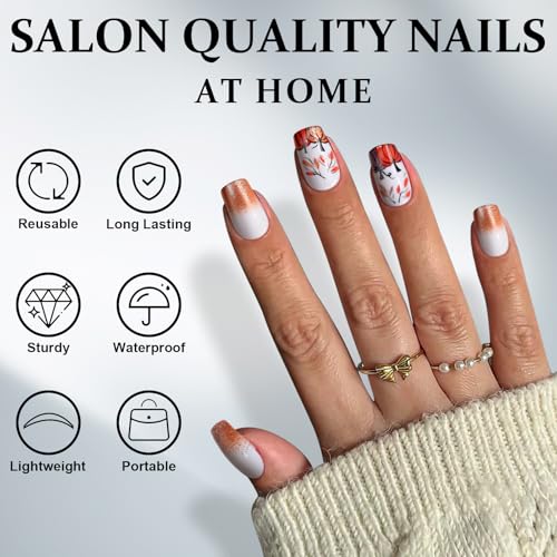 FlexFly Orange French Tip Press on Nails Medium Square Glitters Fake Nails