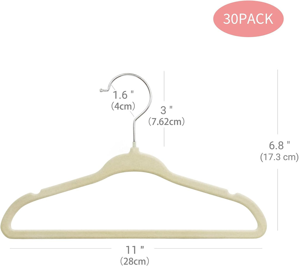 ManGotree Baby Velvet Clothes Hangers - Space-Saving Non-Slip Design for Kids | 30 Pack, Beige
