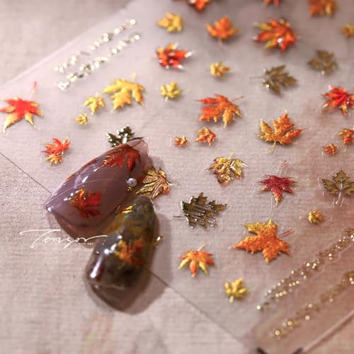 5D Embossed Fall Maple Leaf Nail Art Stickers Self-Adhesive Red Leaves Decals