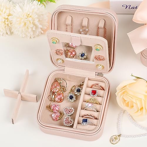 CHMI Travel Jewelry Case Small Leather Organizer Box with Mirror for Women Pink Initial