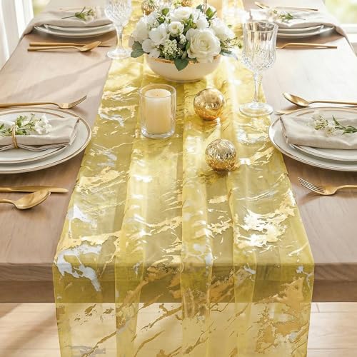 Marble Pattern Yellow Table Runner - 28x120 Inch for Dining & Events
