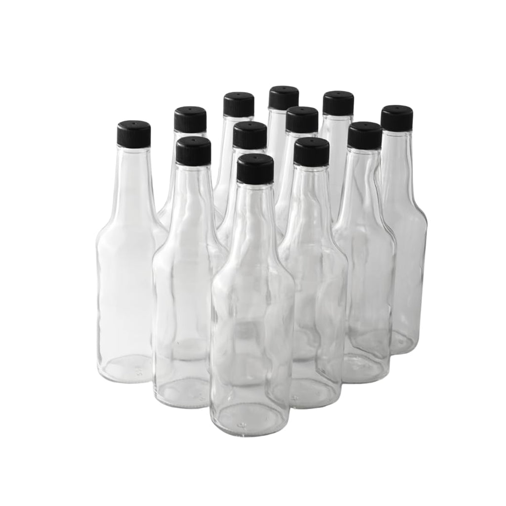 FastRack Woozy Bottle 10 oz (Pack of 12) | Small Hot Sauce Bottles for Canning | Empty Clear Glass Sauce Bottle with Black Plastic Caps | Leakproof Cap - No Dripper Included