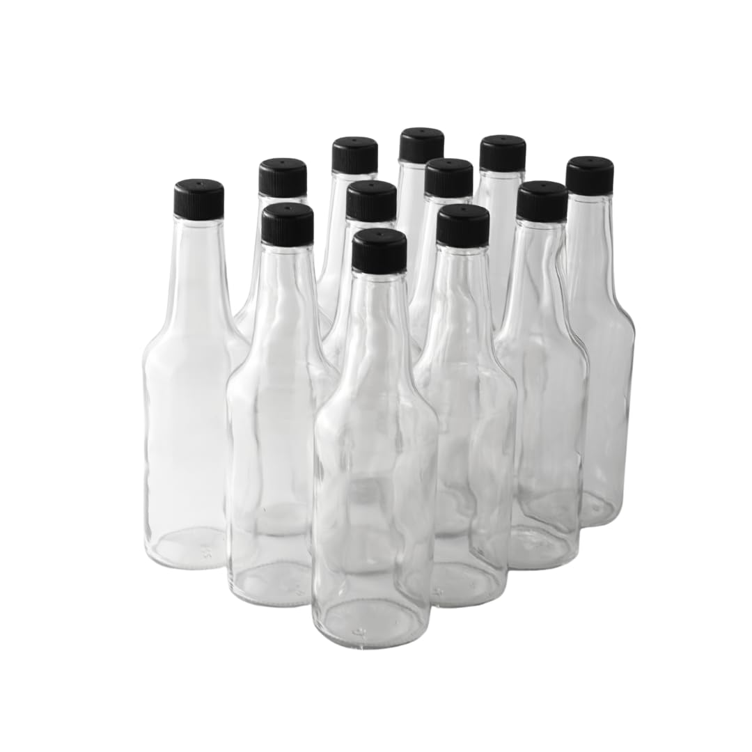 FastRack Woozy Bottle 10 oz (Pack of 12) | Small Hot Sauce Bottles for Canning | Empty Clear Glass Sauce Bottle with Black Plastic Caps | Leakproof Cap - No Dripper Included