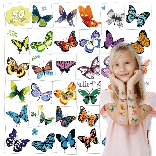 EMOME 50 Sheets Butterfly Temporary Tattoos for Girls Birthday Party Favors