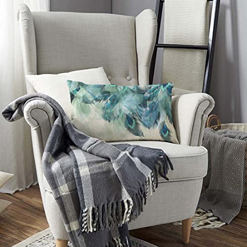 Peacock Feather Throw Pillow Cover, Watercolor Blue & Green, 12x20 Inch