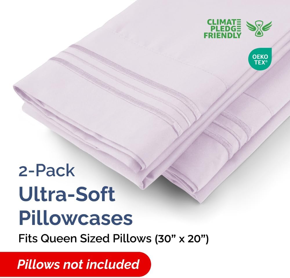 Skiennix Queen Pillow Cases Set of 2 | Ultra Soft Hotel Quality & Wrinkle Free - Light Lavender