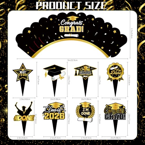 2025 Graduation Cupcake Toppers & Wrappers - Black Gold Set