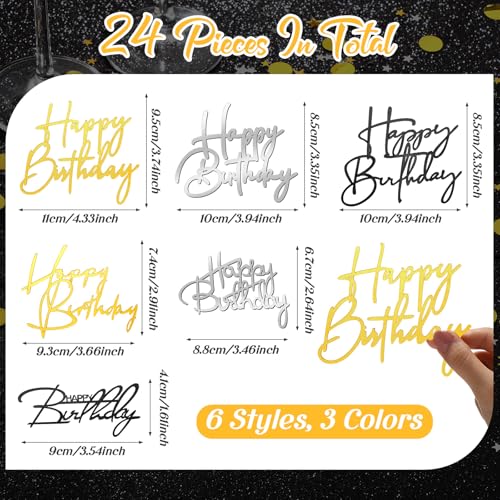 24-Piece Happy Birthday Acrylic Cake Topper Set - Gold, Black, Silver
