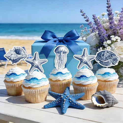36PCS Ocean Animal Cupcake Toppers - Vintage Blue Whales & Starfish