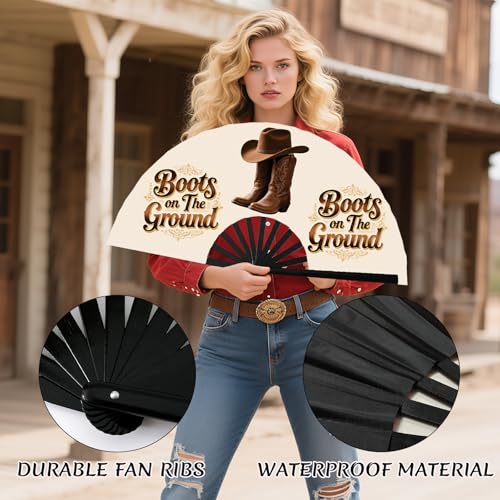 13" Large Folding Hand Fan - Boots on The Ground Type 5 for Line Dancing