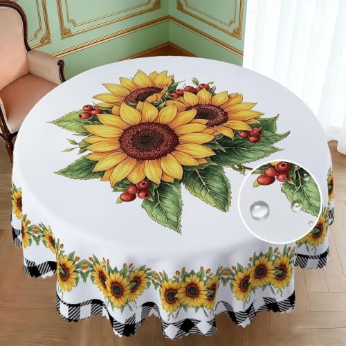 YOPINCO 60-Inch Round Sunflower Tablecloth, Waterproof Floral Table Cover