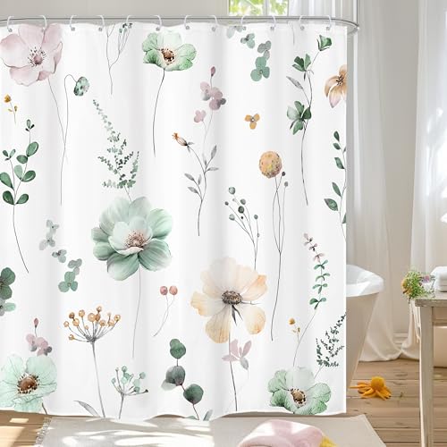 Watercolor Floral Shower Curtain - Sage Green & Beige, 72"W x 72"L