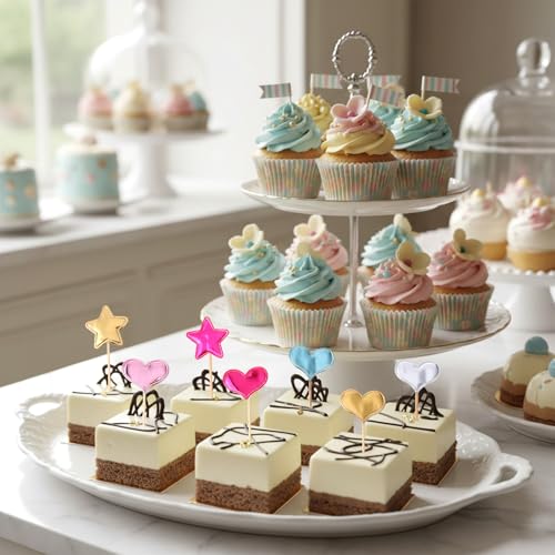 Sibba 40Pcs Glitter Star & Heart Cupcake Toppers Set