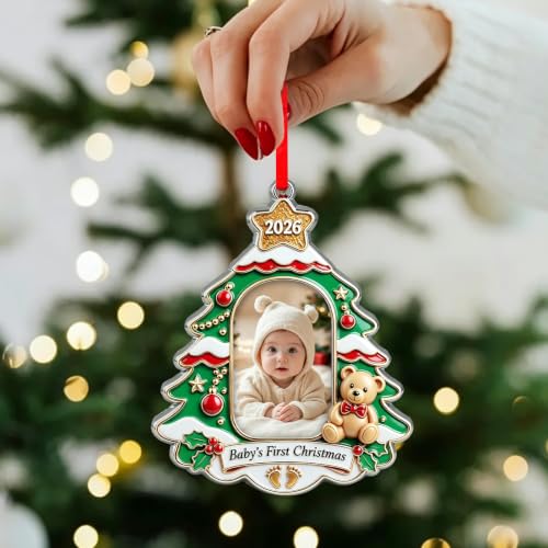 Baby's First Christmas Ornament 2026 - Christmas Tree Decoration with Photo Frame - Teddy Bear & Baubles, Holiday Keepsake