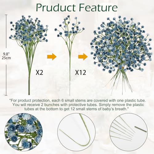 DILATATA Artificial Baby's Breath Flowers - 12 Pcs Blue Gypsophila Bouquet
