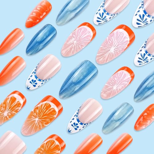 Posyofet 24Pcs Summer French Tip Almond Press On Nails with Fruit Design