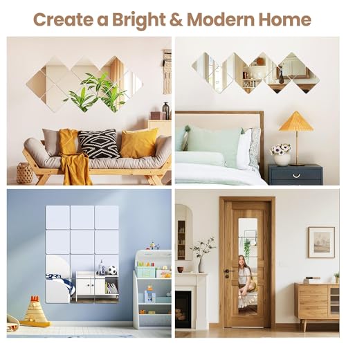 Self-Adhesive Mirror Stickers - 4 Pack Decorative Wall Mirrors, 7.8"x7.8"