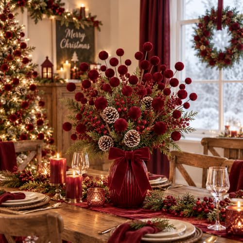 Velvet Christmas Tree Picks Set - Burgundy, 16 Pieces, 14 Inch Holiday Decor