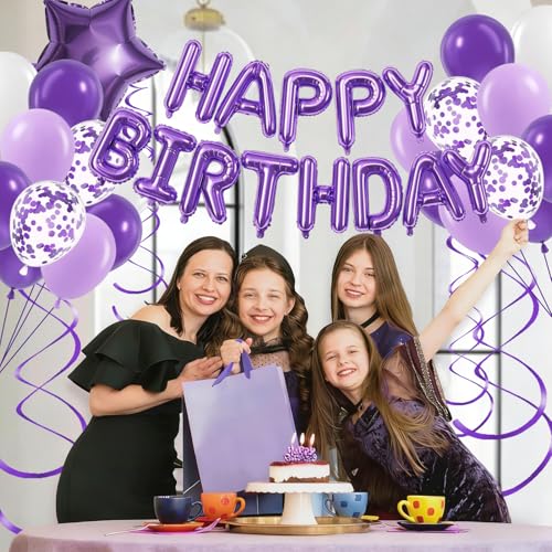 Purple Birthday Decorations Set with Happy Birthday Banner & Foil Balloons