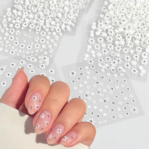 White Flower Nail Stickers 30 Sheets 3D Self-Adhesive Floral Decals