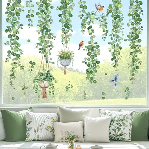 Decalmile Green Leaves Window Clings - Reusable Vine Decals