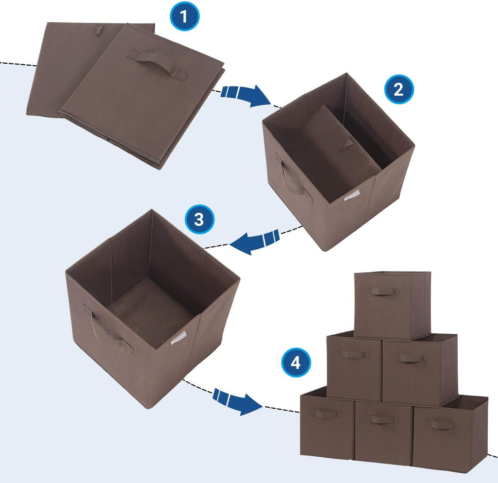 Storage Maniac Collapsible Storage Cubes - 11 Inch Fabric Bins with Handles | 6 Pack for Organized Spaces - Brown