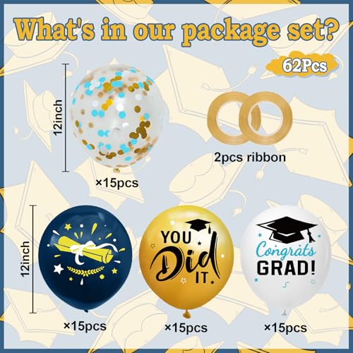 Graduation Balloons 2026 - 62pcs Navy Blue Gold White Latex Decor