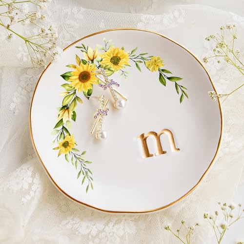 COLLECTIVE HOME Ceramic Jewelry Tray, 4.75" Sunflower Dish - Gift for Women