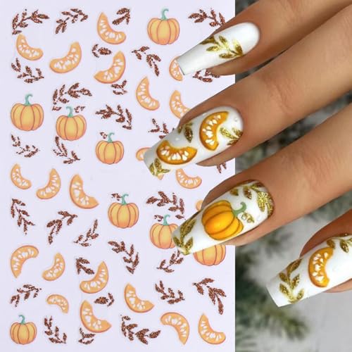 Fall Pumpkin & Maple Leaf Nail Stickers 3D Self-Adhesive Art Decals 5 Sheets