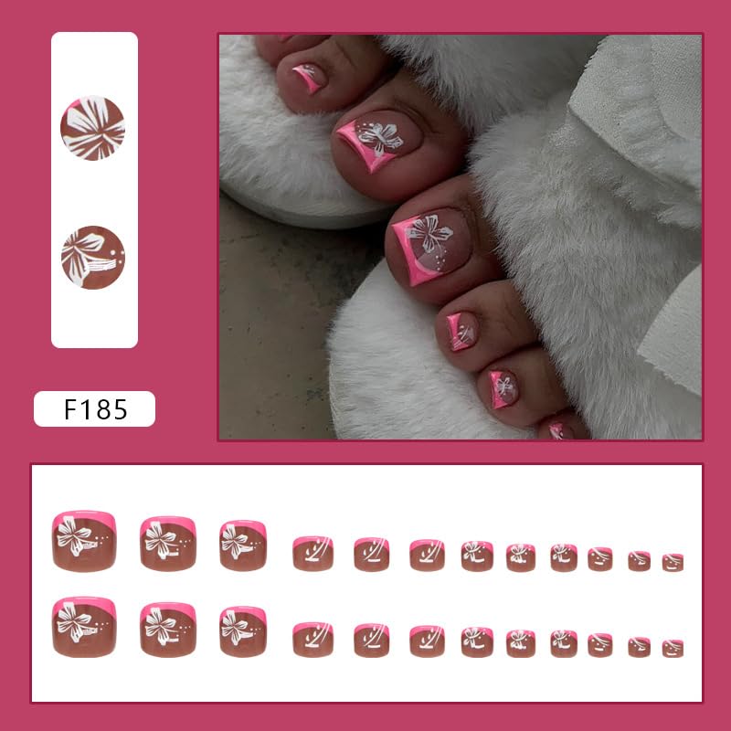 KAICCOSO Red Floral Short Square Press on Toenails, 24Pcs Cute Summer Stick-On Toe Nails with Glue