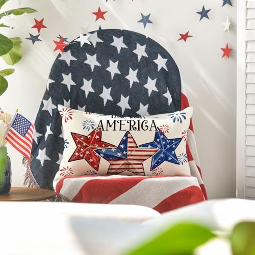 4th of July Patriotic Throw Pillow Covers 20x12 Inch - Set of 2
