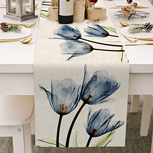 Tulip Blue Floral Table Runner 13x72 Inch Linen Blend for Spring Summer Decor - Variation of THIS listing