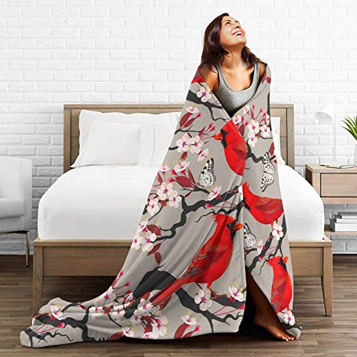 Cardinal Throw Blanket with Cherry Flowers - 60x50 Inches - Christmas Decor for Sofa