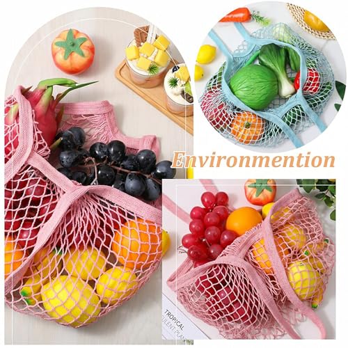 Mabor Mesh Tote Bag Set - Reusable Cotton Grocery Bags, Light Blue & Soft Pink