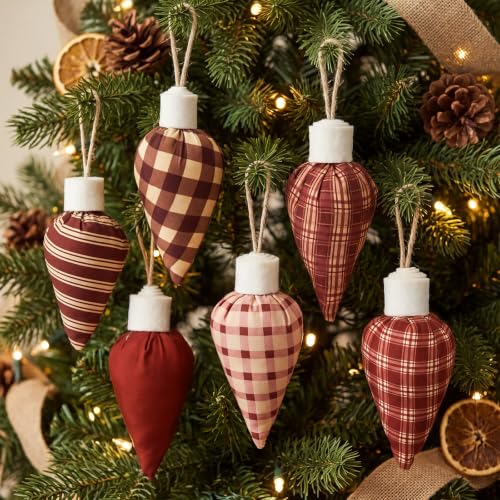 12 Rustic Christmas Light Bulb Ornaments - Plaid Cotton Tree Decor