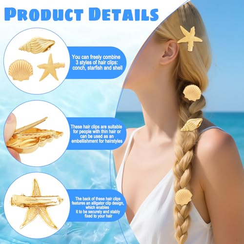EYEOO 6PCS Gold Starfish & Seashell Hair Clips Beach Hair Accessories