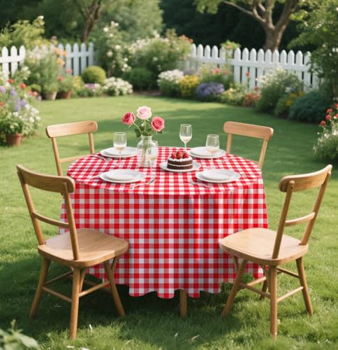 SietDESEO 84-Inch Round Red Gingham Tablecloth - 2 Pack Disposable Plaid Cover